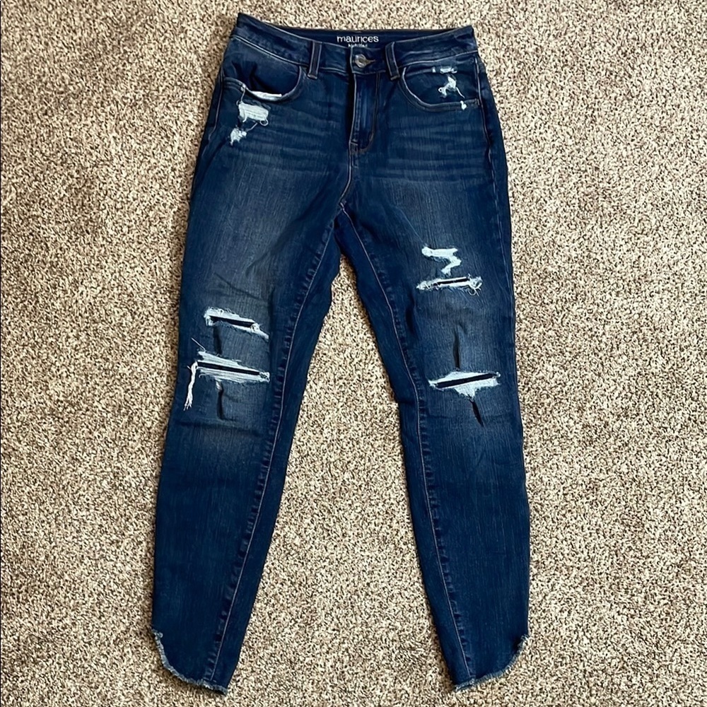 Maurices Blue Skinny Jeans with Distressed Details